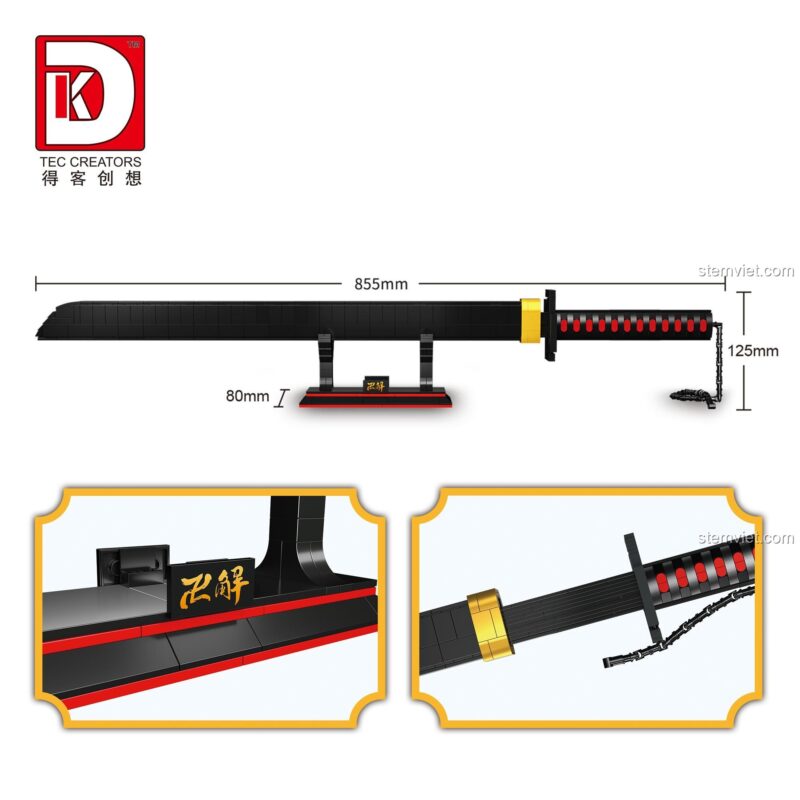Kích thước chi tiết của mô hình Thanh kiếm Thiên Tỏa Trảm Nguyệt DK 1501: dài 135cm, rộng 7cm, cao 8cm, đồ chơi mô hình tỉ lệ 1:1 ấn tượng.