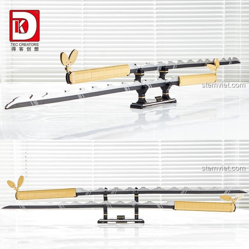 Cận cảnh bộ lắp ráp Nhật Luân Kiếm của Hashibira Inosuke DK, cho thấy thiết kế tinh xảo của chuôi kiếm và giá đỡ.