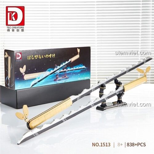 Mô hình Nhật Luân Kiếm của Hashibira Inosuke DK 1513 sau khi lắp ráp hoàn chỉnh, đặt trên giá đỡ. Một bộ xếp hình chất lượng cao.