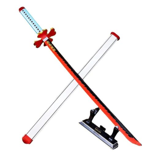 Ảnh chụp bộ lắp ghép Thanh Gươm Nichirin của Luyến Trụ Kanroji Mitsuri mã DK 1514 sau khi hoàn thiện, đi kèm vỏ kiếm và giá đỡ trưng bày. Món quà giá rẻ cho bé trai 8 tuổi.