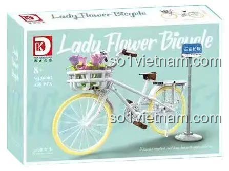 Hộp sản phẩm bộ lắp ghép xe đạp hoa DK 80002, có hình ảnh xe đạp và thông tin sản phẩm, độ tuổi 8+