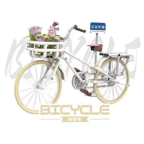 Mô hình xe đạp hoa DK 80002 với giỏ hoa tím và bánh xe vàng, chi tiết chân thực, phù hợp cho bé gái 8 tuổi