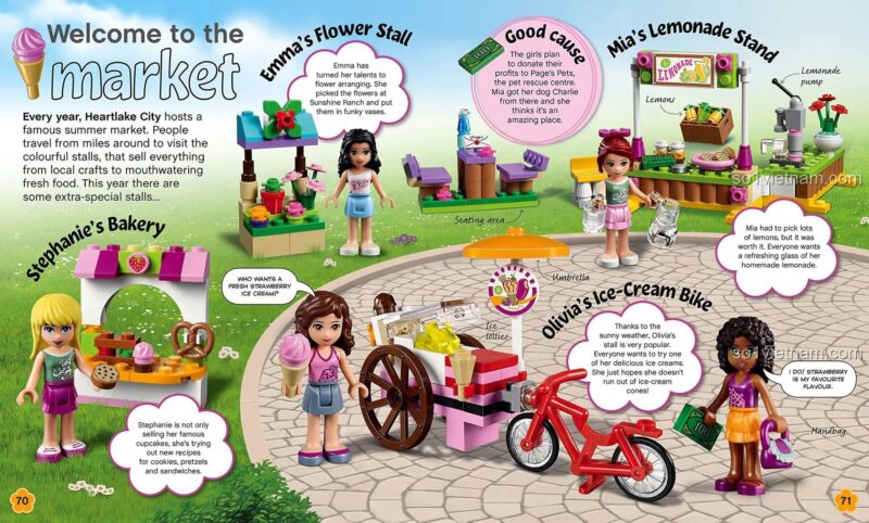 Sách LEGO Friends DK ISBN9780241196571, trang giới thiệu chợ Heartlake, sách đồ chơi cho bé gái 6 tuổi