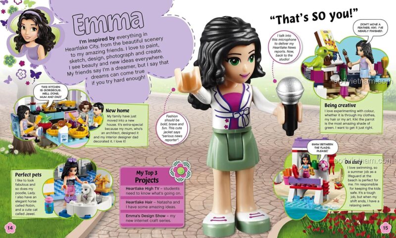 Sách về các cô gái LEGO Friends DK, trang giới thiệu nhân vật Emma, sách đồ chơi cho bé gái 6 tuổi