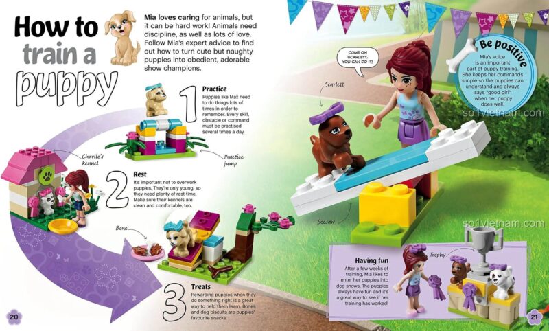 Sách hướng dẫn LEGO Friends ISBN9780241196571, trang hướng dẫn huấn luyện chó con, sách phiêu lưu Heartlake City