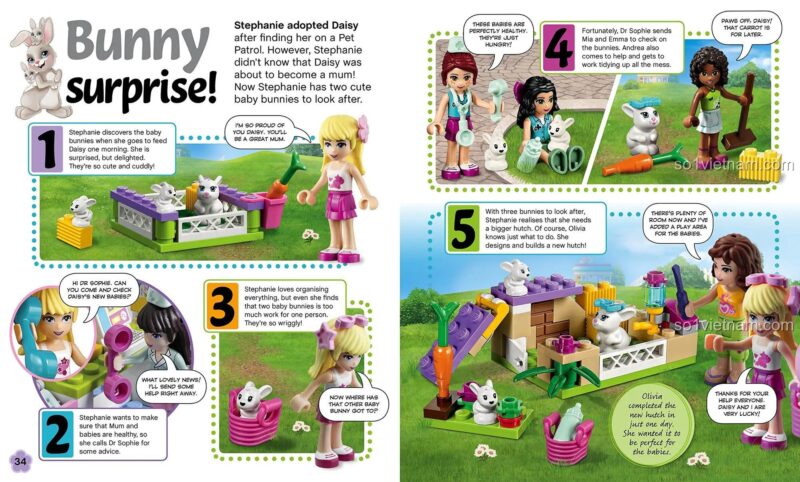 Sách về các cô gái LEGO Friends ISBN9780241196571, trang về Stephanie và những chú thỏ, sách hướng dẫn cho bé gái 6 tuổi