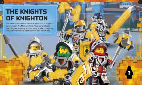 Trang sách The Book of Knights giới thiệu các hiệp sĩ Knighton, LEGO® NEXO KNIGHTS ISBN9780241232347 cho bé trai 7 tuổi.