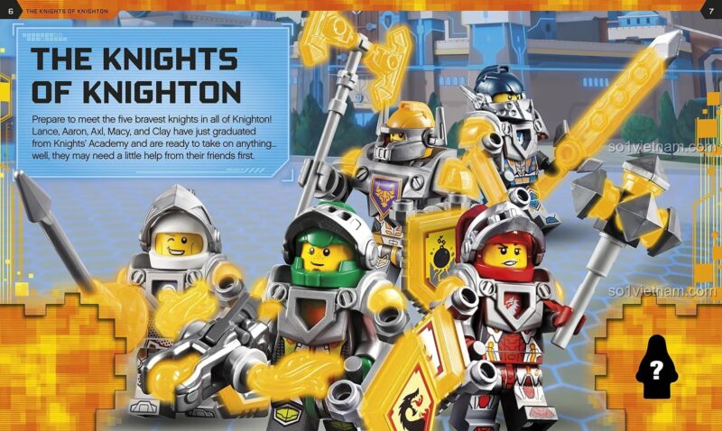 Trang sách The Book of Knights giới thiệu các hiệp sĩ Knighton, LEGO® NEXO KNIGHTS ISBN9780241232347 cho bé trai 7 tuổi.