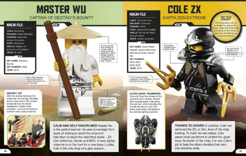 đồ chơi mô hình Sách Nhân Vật NINJAGO DK 0241232484, chi tiết minifigure Master Wu và Cole ZX trong bách khoa toàn thư NINJAGO
