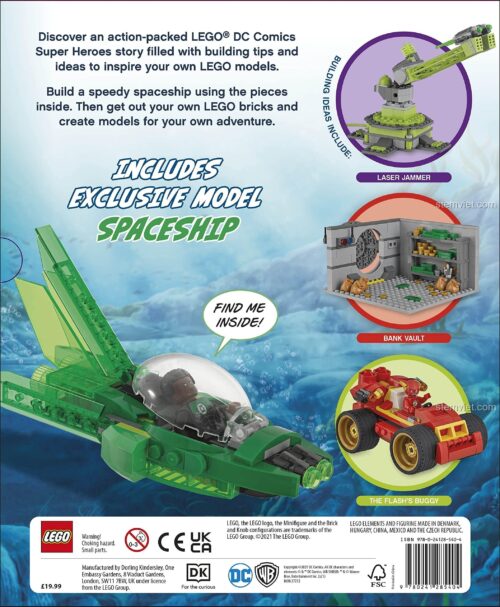 Bìa sau sách hướng dẫn lắp ráp Phi thuyền Green Lantern độc quyền, giới thiệu các ý tưởng lắp ráp như Laser Jammer, Bank Vault, The Flash's Buggy.
