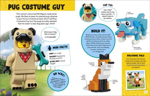 Sách về nhân vật LEGO DK ISBN9780241542491 giới thiệu Minifigure Pug Costume Guy, ý tưởng lắp ráp động vật, cho trẻ 6 tuổi, giá tiết kiệm.