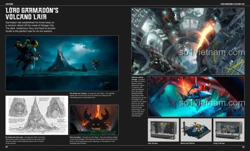 sách DK ISBN9781465461186, concept art hang ổ Chúa Garmadon, khám phá thế giới Ninjago, giá trị cao.