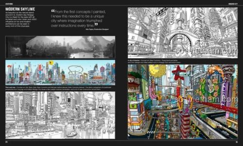 sách hậu trường phim LEGO Ninjago, hình ảnh concept art thành phố Ninjago, phát triển tư duy sáng tạo cho bé 10 tuổi.