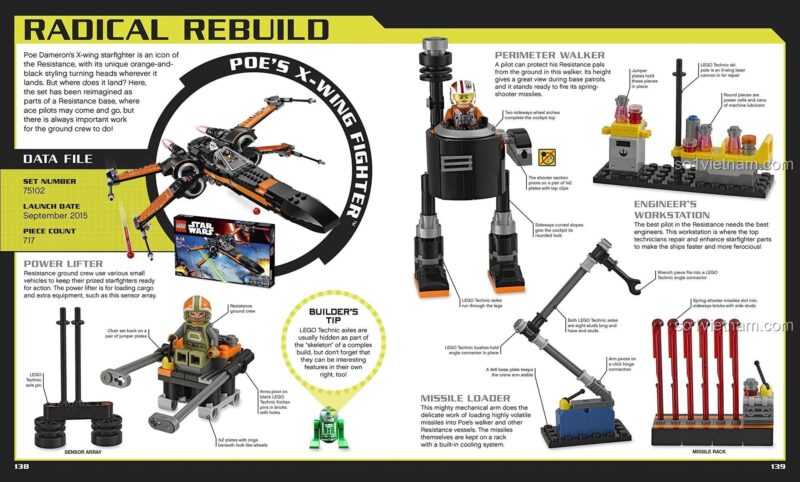 Sách ý tưởng LEGO Star Wars, hướng dẫn tái tạo X-Wing của Poe và xây dựng trạm làm việc kỹ sư, phát triển kỹ năng thiết kế.