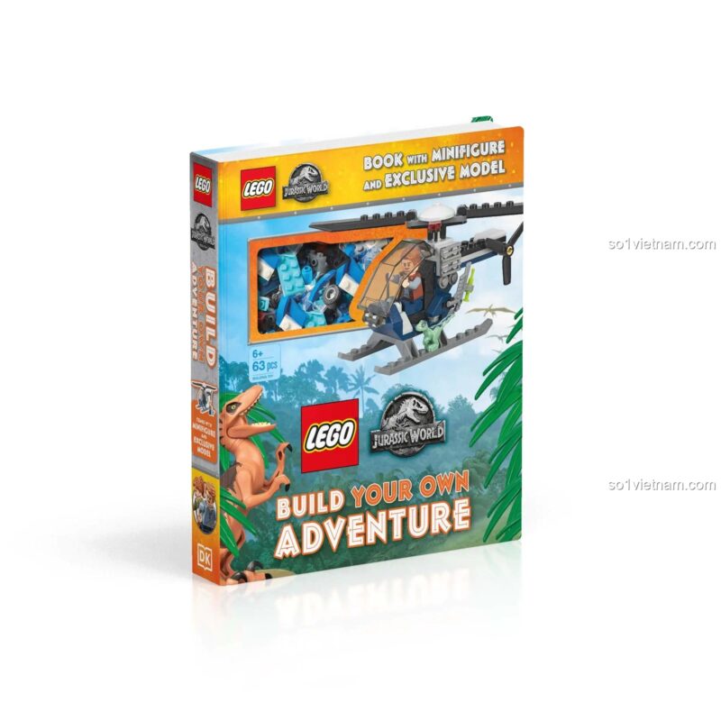 Sách đồ chơi DK ISBN9781465493279 Sách LEGO Jurassic World Build Your Own Adventure góc hộp, 63 mảnh ghép, Kèm Minifigure Owen, mô hình trực thăng, Phiêu Lưu Khủng Long, quà tặng bé trai 6 tuổi