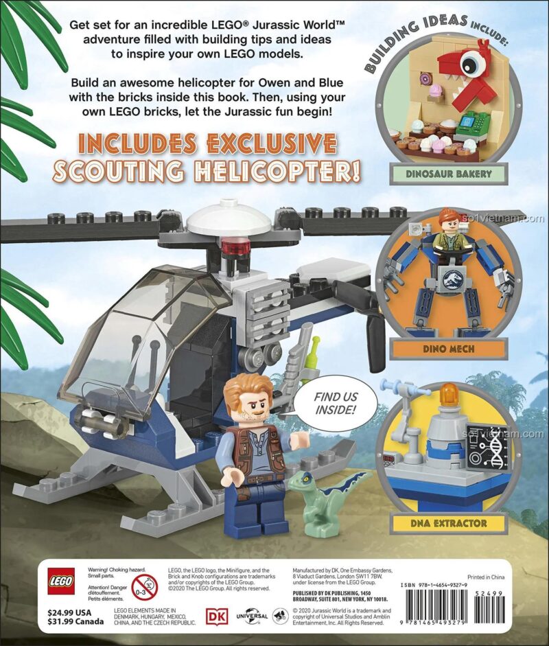 Đồ chơi mô hình Sách Kèm Minifigure Owen ISBN9781465493279 mặt sau hộp, hiển thị minifigure Owen, trực thăng, các ý tưởng lắp ráp như Dino Mech, DNA Extractor, Dinosaur Bakery, phù hợp bé trai 6 tuổi, giá tiết kiệm