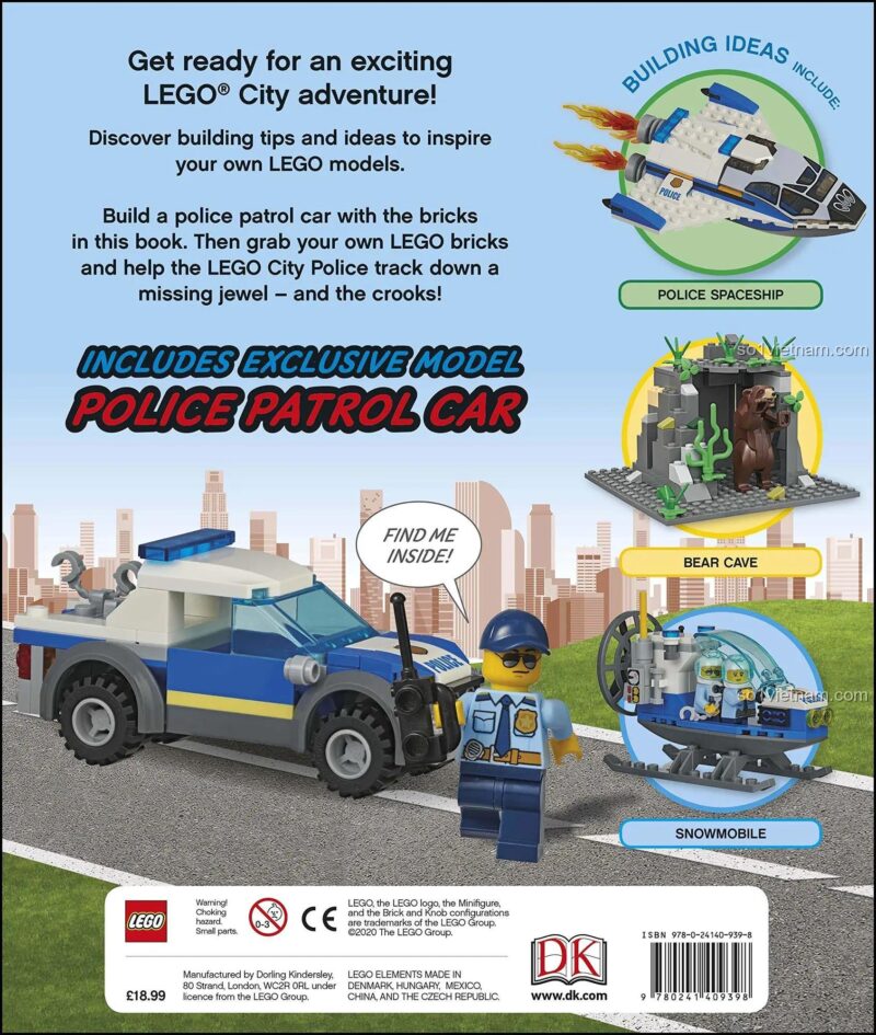 Mô hình xe cảnh sát LEGO® và minifigure cảnh sát trong sách DK ISBN9781465493286, bộ lắp ghép Sách lắp ráp LEGO®, đồ chơi mô hình Xe cảnh sát LEGO®, cho bé trai 6 tuổi, giá rẻ