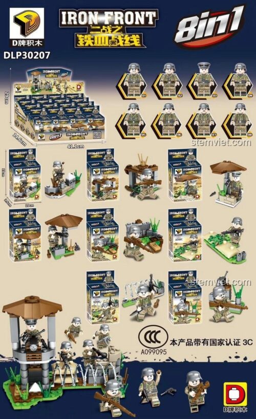 Đồ chơi mô hình DLP DLP30207 Minifigure Lính Đức Thế Chiến II, bộ xếp hình 8in1 với kích thước hộp rõ ràng, phù hợp bé trai 6 tuổi, chất lượng cao.
