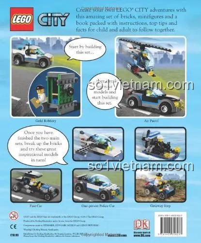Đồ chơi lắp ghép LEGO City: Brickmaster Dorling Kindersley ISBN9781405356237, mặt sau hộp giới thiệu 9 mô hình có thể lắp được như xe cảnh sát, trực thăng cảnh sát, xe jeep, tàu bay, máy bay, phù hợp bé trai 5 tuổi, giá tiết kiệm.