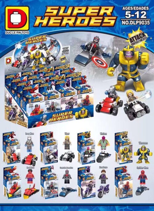 Bộ đồ chơi Siêu Anh Hùng Duo Le Pin Toys DLP9035, bộ lắp ghép Nhân vật Marvel cho bé trai 5 tuổi, giá tốt, hộp sản phẩm đầy đủ 8 minifigure và phương tiện.