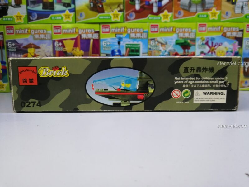 Cạnh trên hộp đồ chơi mô hình Enlighten 0274, có cảnh báo an toàn và tên sản phẩm tiếng Trung.