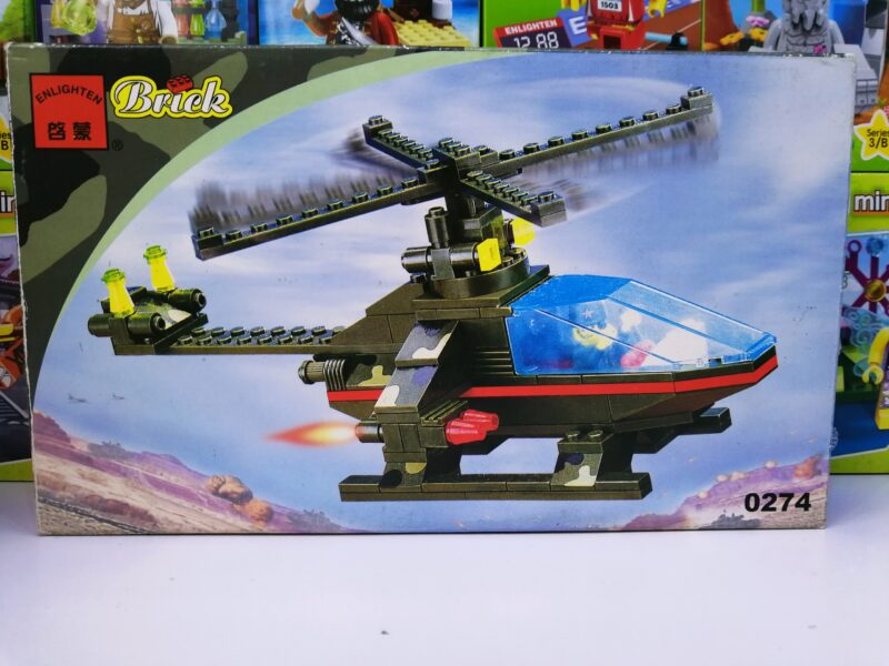 Hộp đồ chơi mô hình Enlighten 0274 Trực thăng Ném bom Quân sự, một bộ lắp ráp giá rẻ cho bé trai 7 tuổi.