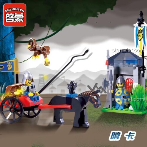Bộ lắp ghép Enlighten 1016 Hiệp Sĩ Lâu Đài Trạm Gác với logo hãng Enlighten rõ nét, mô tả cảnh hiệp sĩ và trạm gác, đồ chơi xây dựng cho bé trai 6 tuổi, giá tiết kiệm.