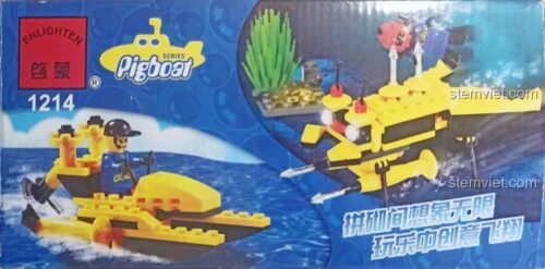 Mặt bên hộp đồ chơi ENLIGHTEN 1214 Tàu Lặn Mini Khám Phá Biển Sâu với hình ảnh mô hình tàu lặn đang di chuyển trên mặt nước và các dòng chữ quảng cáo.