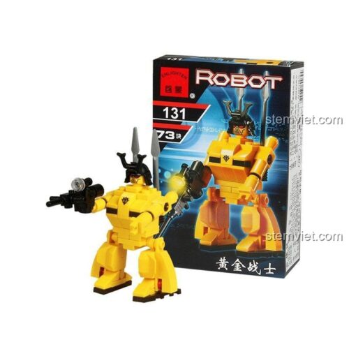 Hộp sản phẩm và mô hình hoàn chỉnh của đồ chơi mô hình Robot Vàng Enlighten 131 với 73 mảnh ghép, là quà tặng tuyệt vời cho con trai.