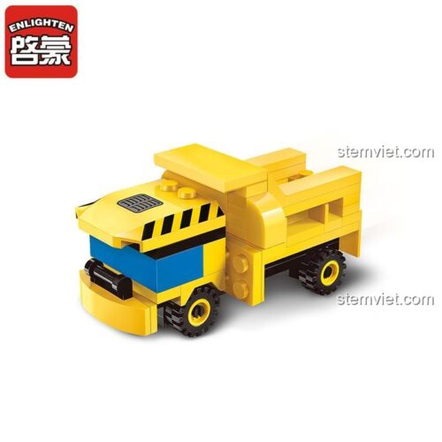 Hộp sản phẩm Enlighten 1401-2 bộ lắp ghép Robot Biến Hình 7 trong 1, xe tải ben màu vàng, đồ chơi xây dựng cho bé trai 6 tuổi.