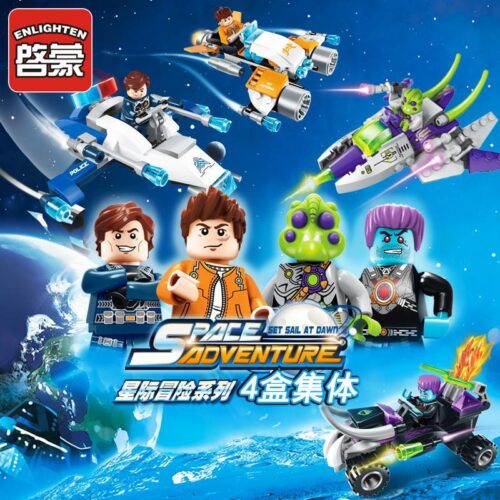 Bộ đồ chơi lắp ráp Enlighten 1603 Phiêu Lưu Không Gian với 4 mẫu xe chiến đấu liên hành tinh, phù hợp bé trai 6 tuổi, giá tốt. Hình ảnh hộp sản phẩm.