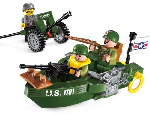 Bộ đồ chơi Trận chiến đổ bộ Enlighten 1701 với thuyền đổ bộ, pháo và 2 minifigures lính quân sự, phù hợp bé trai 6 tuổi, giá tốt.