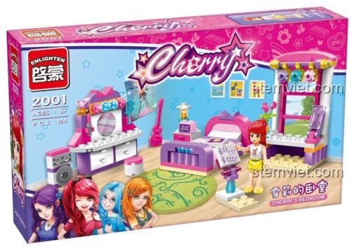 Hộp sản phẩm Enlighten 2001 - Hộp đồ chơi lắp ráp phòng ngủ âm nhạc của Cherry, hiển thị đầy đủ các chi tiết và nhân vật, giá tốt cho bé gái 6 tuổi.