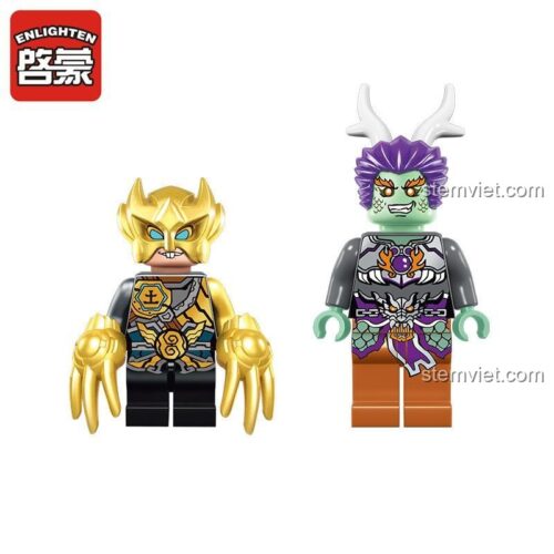 Hai minifigure của bộ lắp ghép Enlighten 2204, một chiến binh rồng màu tím và một chiến binh vàng, chi tiết cao, dành cho bé trai 6 tuổi.