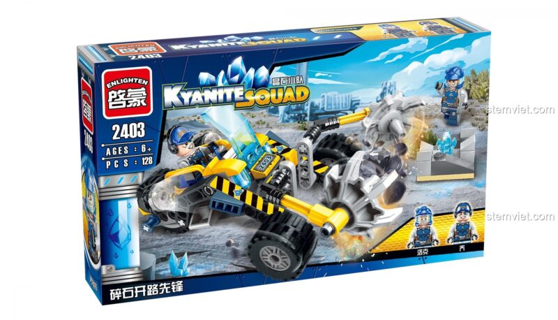 Hộp bộ lắp ghép Enlighten 2403 Kyanite Squad: Stone Chopper, hiển thị 128 mảnh ghép và 2 minifigures, đồ chơi lắp ráp chất lượng cao cho bé trai 6 tuổi.