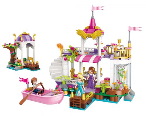 Bộ lắp ghép Tiệc Hồ Tiên Cảnh Enlighten 2607 với Công chúa Leah và Hoàng tử Andre đang vui chơi trên thuyền hồng, khung cảnh lãng mạn cho bé gái 6 tuổi.