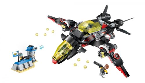 Bộ lắp ghép Máy bay ném bom Enlighten 2716 Máy Bay Ném Bom Tia Chớp Đen đang bắn đạn nhựa, kèm tháp phòng thủ và minifigure. Đồ chơi lắp ráp cho bé trai 6 tuổi, giá tốt.
