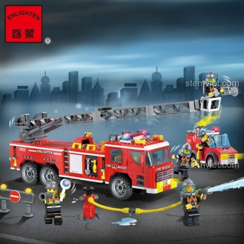 Xe cứu hỏa chữa cháy thang nâng hạng nặng ENLIGHTEN 908 với các minifigure và phụ kiện