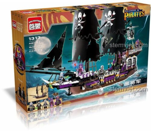 Chi tiết bên trong tàu hải tặc Enlighten 1313, đồ chơi xây dựng Tàu Hải Tặc Hắc Tướng Quân với pháo bắn đạn nhựa.