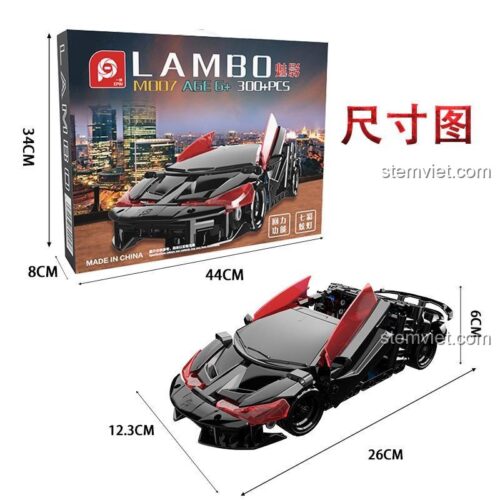 Hộp đồ chơi lắp ráp siêu xe Lamborghini Lambo M007 EPIN M007 với kích thước rõ ràng, phù hợp cho bé trai 6 tuổi phát triển tư duy.