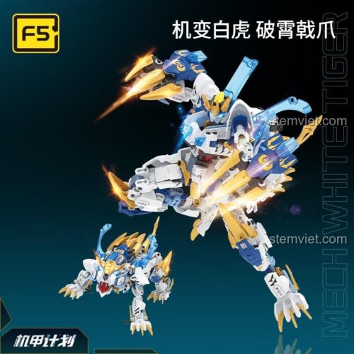 Ảnh quảng cáo đồ chơi mô hình Mecha Bạch Hổ F5, thể hiện robot đang trong tư thế chiến đấu.