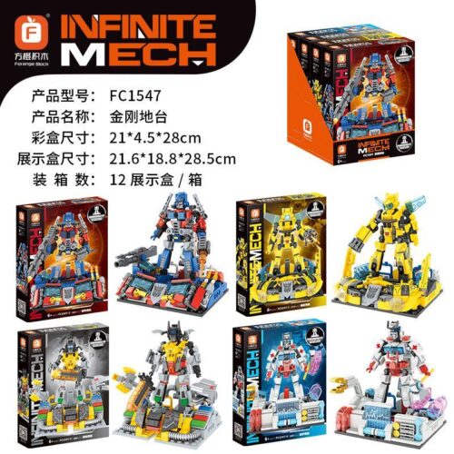 Ảnh tổng hợp bộ đồ chơi lắp ráp Forange Block FC1547 gồm 4 hộp robot Transformers và trạm chỉ huy, phù hợp cho bé trai 6 tuổi.