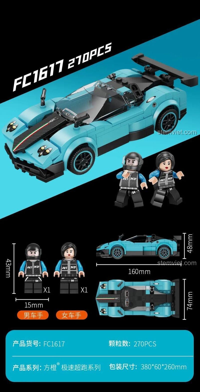 Kích thước mô hình Forange FC1617 Siêu Xe Pagani Zonda Xanh Dương, bộ đồ chơi lắp ráp 270 mảnh, phù hợp bé trai 6 tuổi