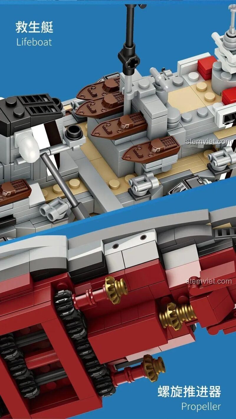 Chi tiết xuồng cứu sinh và chân vịt của mô hình Forange FC4201 Thiết giáp hạm Bismarck, đồ chơi mô hình quân sự