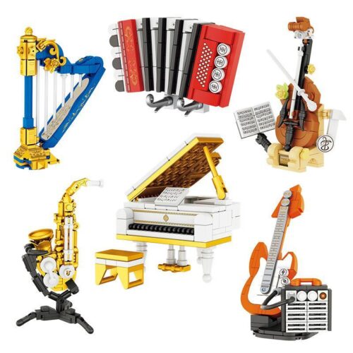 Ảnh chụp toàn bộ 6 mô hình trong bộ lắp ghép Dàn nhạc cụ mini Forange FC8133, một món đồ chơi sáng tạo cho bé 6 tuổi.