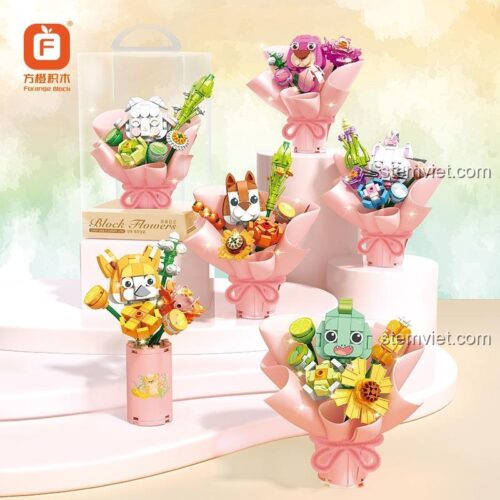 Ảnh chụp bộ lắp ghép Bó hoa hình thú Forange FC8310 trưng bày cùng hộp sản phẩm, thể hiện sự đa dạng và màu sắc bắt mắt.