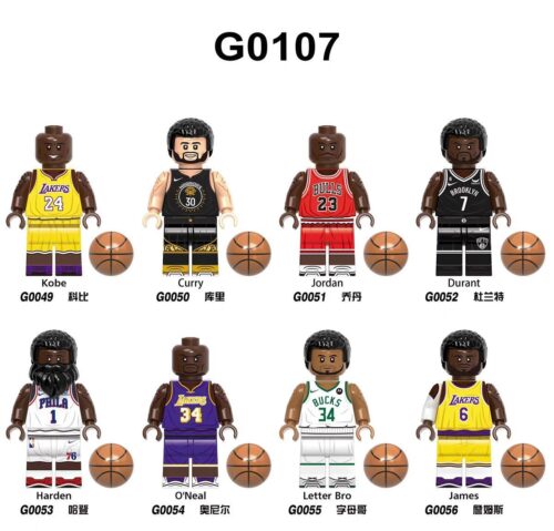 Bộ đồ chơi Minifigure Ngôi Sao Bóng Rổ G-Brand G0107, bộ 8 minifigure cầu thủ bóng rổ nổi tiếng, tương thích LEGO®, món quà giá rẻ cho bé trai 6 tuổi đam mê sưu tập.