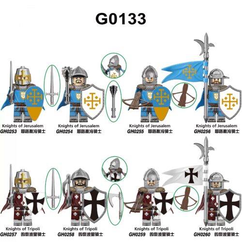Bộ 8 minifigure Hiệp sĩ Thập Tự Chinh G Brand G0133, đồ chơi mô hình lịch sử cho bé trai 6 tuổi, giá rẻ. Bao gồm Hiệp sĩ Jerusalem và Tripoli với vũ khí và khiên.