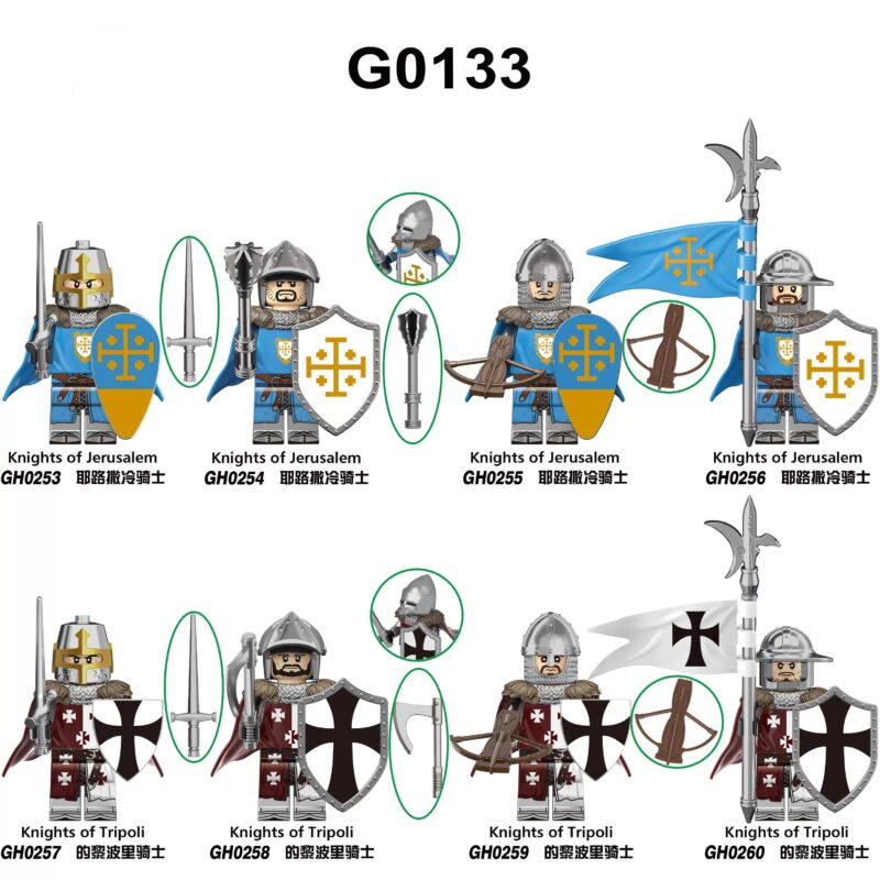 Bộ 8 minifigure Hiệp sĩ Thập Tự Chinh G Brand G0133, đồ chơi mô hình lịch sử cho bé trai 6 tuổi, giá rẻ. Bao gồm Hiệp sĩ Jerusalem và Tripoli với vũ khí và khiên.