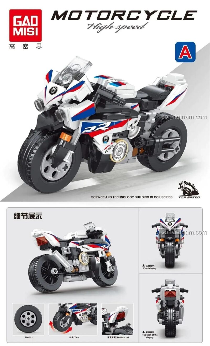 Chi tiết đồ chơi lắp ghép GAOMISI T1026-A xe mô tô BMW RR với bánh xe xoay và tay lái điều hướng, giá rẻ